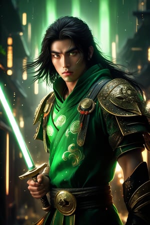 "Create a digital artwork of a young warrior with long, black hair and striking green eyes. The warrior is holding a glowing katana with a determined expression. He has green face paint and battle scars on his face. He is wearing a dark, traditional Japanese warrior outfit with gold buttons. The background should be a dark, mystical night sky with subtle glowing particles and mist. The overall atmosphere should be intense and mysterious."