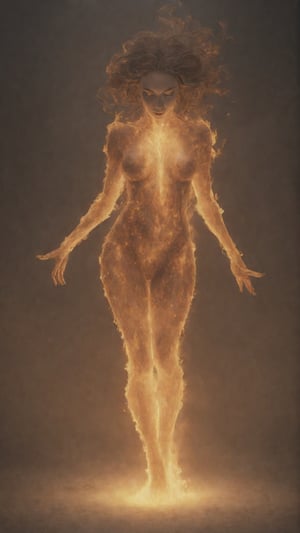 Fire Flames in shape of woman's body, flaming body, all made from fire, burning, fire, fantasy, dramatic lighting, whole body covered in flames,