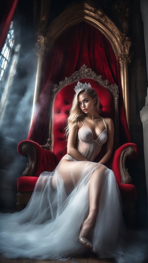 ((ultrarealistic nude dslr portrait)), (almost_naked) sexy gothic queen sitting leaning back in red royal throne wearing (white transparent lingerie) and shiny diamond tiara in castle hall. 22 years old woman, perfect_figure, slim_waist, wide hips, leaning back in throne, legs_spread, spread_legs, (laced transparent lingerie), (seethrough clothes), (errect_nipples) through clothes, diamond tiara, jewelry, perfect_face, symmetrical_face, blonde hair, braided hair, deep blue eyes, hyperrealistic, hyperdetailed, dramatic light, best quality, 8k, nude photography, boudoir photography, gothic styled, nsfw, side_view, from_below, low_angle,