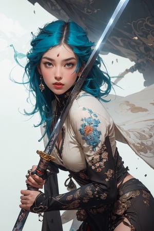 (masterpiece, top quality, best quality, official art, beautiful and aesthetic:1.2), (((1girl))), cute, extreme detailed,(abstract:1.4, fractal art:1.3), colorful,highest detailed, jewelry:1.4, blue white body_suit , scenery, ink, blue_hair, long straight hair, holding_sword,weapon,sword,CGgame weaponicon esw
