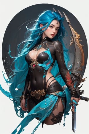 (masterpiece, top quality, best quality, official art, beautiful and aesthetic:1.2), (((1girl))), cute, extreme detailed,(abstract:1.4, fractal art:1.3), colorful,highest detailed, jewelry:1.4, blue body_suit , scenery, ink, blue_hair, long straight hair, holding_sword,weapon,sword,CGgame weaponicon esw