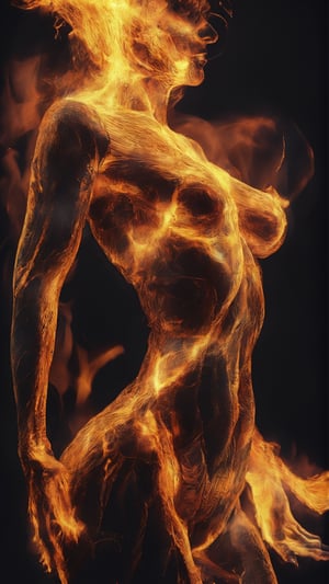 Fire Flames in shape of woman's body, flaming body, all made from fire, burning, fire, fantasy, dramatic lighting, whole body covered in flames, woman made from fire, dark, 