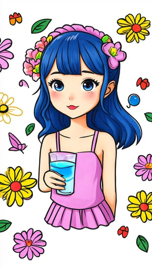 1girl, cartoon, mix cute flower doodle water collor