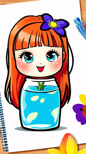 1girl, cartoon, mix cute flower doodle water collor