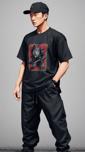 illustration poster of techwear Japanese ninja Ronin men  , with mecha futures , wide detailed t-shirt design for street wear and urban style , in red grey black yellow colors ,  etc pro vector, 