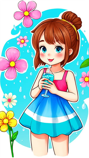 1girl, cartoon, mix cute flower doodle water collor