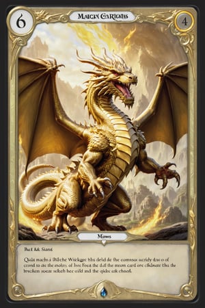 magic the gathering dragon card, in a gold frame with a light gold field under the image of a dragon, with a detailed description of the rules of the card