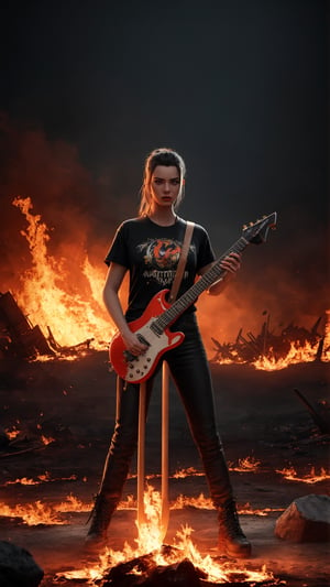 A fierce and battle-hardened warrior with a massive guitar-shaped battle axe, standing amidst a fiery wasteland, art, t-shirt design, 8k , fantasy, colorful, 3d realistic, vector art, octane render, ultra realistic, detailed design, black background