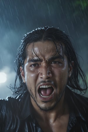 1 man, close-up, screaming, glowing smoke eyes, in the middle of a storm, long hair whipping around, rain and lighting, 4K, Niji style