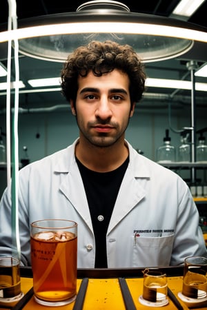 arafed man in a lab holding a glass with a liquid inside, he is in a alchemist lab, mad scientist working, portrait of a rat mad scientist, poetic sequence in mr. clean, russian lab experiment, elite scientist, portrait of a male hydromancer, scientist, in an underground laboratory, foxish guy in a lab coat, molecular