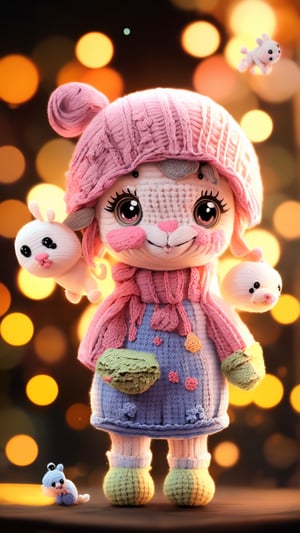 1girl, (cute knitted creatures:1.4), portrait, photography, detailed skin, realistic, photo-realistic, 8k, highly detailed, full length frame, High detail RAW color art, diffused soft lighting, shallow depth of field, sharp focus, hyperrealism, cinematic lighting, bokeh