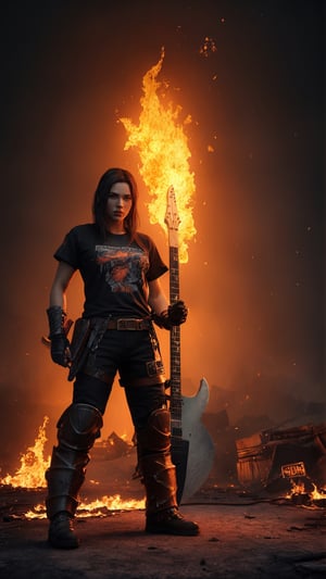 A fierce and battle-hardened warrior with a massive guitar-shaped battle axe, standing amidst a fiery wasteland, art, t-shirt design, 8k , fantasy, colorful, 3d realistic, vector art, octane render, ultra realistic, detailed design, black background