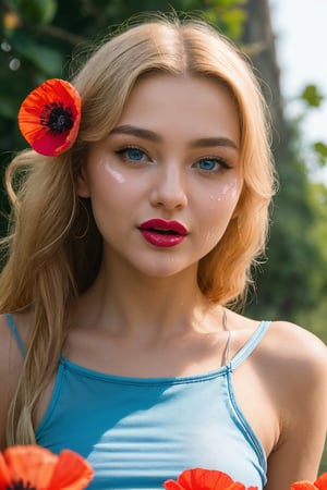 1girl, solo, elegant hair, (looking at the viewer: 1.1), tight small bikini, wild poppies swaying in the breeze, filmg , sweet_lolita, Best quality, masterpiece, blond hair, blue eyes. Open your mouth,,Exquisite mouth,((Ejaculation in the mouth)),Delicate s,mouth,Very detailed face,blush,Shiny wet skin,Normal tongue,Do not stick out your tongue,Pink lips,Delicate lips, ((all over the face, mouth and cheeks))