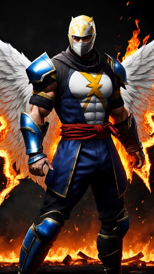 A white Male angel with blue white mortal kombat future war armor,Atletic body, have 24 fire wings, stand and ready for war, lightning fire background,super detail,super hd,8k