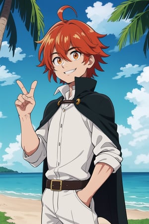 (masterpiece:1.2), (best quality), (ultra detailed), (8k,4k), (highly detailed:1.4), (perfect lightingbest quality), (blue sky, beach, tree, grass) (solo, young, 1boy, male, smirk, red hair, orange eyes, short hair, hair between eyes, ahoge, william g maryblood, meliodas_nanatsu_no_taizai), (black cape, white shirt, black clothes)