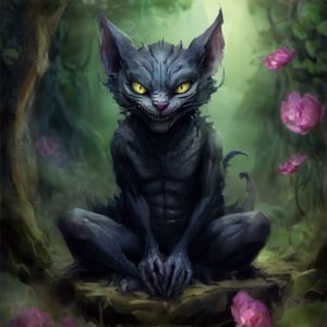 (american mcgee's) ((cheshire cat)) (sitting in a Lotus position) A grey evil Cheshire Cat resembling a sphinx with tattoos, with a long, slender body and a sunken belly, grinning mischievously, pointy tarted ears with pirate earings, with sparkling yellow eyes, lounging in a lotus position in the middle of a twisted forest. 64k, nightmare creature, muscles, xenomorph