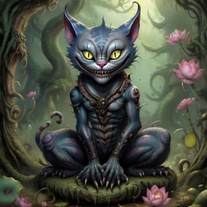 (american mcgee's) ((cheshire cat)) (sitting in a Lotus position) A grey evil Cheshire Cat resembling a sphinx with tattoos, with a long, slender body and a sunken belly, grinning mischievously, pointy tarted ears with pirate earings, with sparkling yellow eyes, lounging in a lotus position in the middle of a twisted forest. 64k, nightmare creature, muscles, xenomorph,anipunks,biopunk style