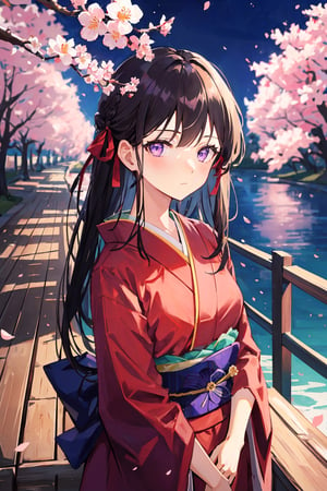 masterpiece, best quality, highres, close-up view, 1girl, upper body, long hair, black hair, purple patterns, purple eyes, hair ribbon, looking at viewer, shy expression, wearing a red kimono, cherry blossoms in full bloom, a lake and a few trees, on a wood bridge, at night, in the dark, low key