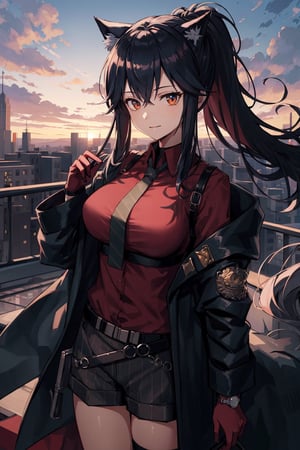 best quality, masterpiece, highres, 1girl, solo, Texas, Arknight, upper body, standing on the top of a building, twilight sky, close mouth, confident smile, confident posing, haze, wind