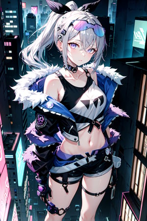 masterpiece, best quality, highres, detailed eyes, 1girl, solo, portrait, upper body, silver hair, ponytail, gloves, jacket, full body, shorts, black gloves, black jacket, drill hair, looking at viewer, standing, on top of a building, at night, cyberpunk city, neon light
