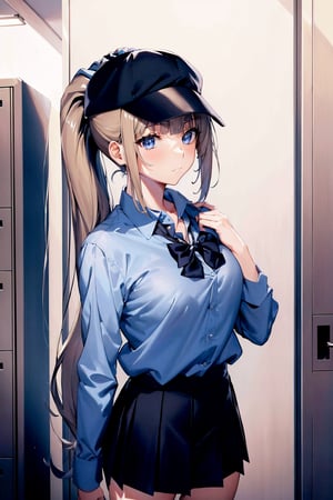 masterpiece, best quality, highres, absurdres, upper body, face portrait, close-up view, 1girl, solo, kei karuizawa, ponytail, collared shirt, blach short pant, blue tie, black cap, standing in corridor, school, lockers, hand on locker, perfect hands, perfect proportion