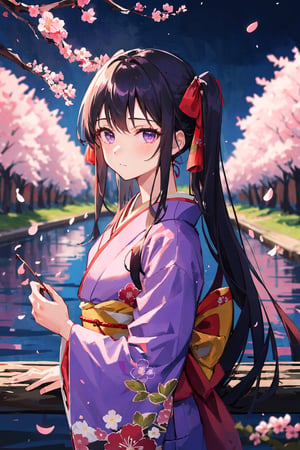 masterpiece, best quality, highres, 1girl, upper body, long hair, black hair, purple patterns, purple eyes, hair ribbon, looking at viewer, shy expression, wearing a red kimono, cherry blossoms in full bloom, a lake and a few trees, on a wood bridge, at night, in the dark, low key