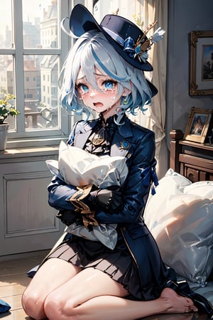 masterpiece, best quality, highres, 1girl (18years old girl), mature girl, furina, solo, tears, crying, open mouth, detailed background, bedroom, beige wall, wood floor, sitting on the floor, huddled sitting, hug a pillow, toys on floor, windows, rain, water, gloves, long sleeves, hat, hair between eyes, jewelry, closed mouth, blue hair, jacket, ahoge, white hair, black gloves, streaked hair, ascot, brooch, blue headwear, blue gloves