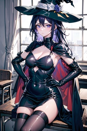 masterpiece, best quality, highres, better witch, detailled background, 1girl, upper body, solo, seele, looking at viewer, sulky expression, long hair, purple hair, ahoge, thighhighs, jewelry, witch hat, elbow gloves, witch, black gloves, dress, black cape, cleavage, gloves, black headwear, halloween, earrings, black dress, hand on hip, sitting on a chair, in a classroom, indoors, windows, night