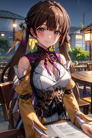 masterpiece, best quality, highres, pov, 1girl, solo, sushang, upper body, slight head tilted, close mouth, smile, :), blush, arm on back, detailled background, outdoor, outdoor restaurant, at night, sitting on a chair, crossed legs, round table, hair ornament, long sleeves, dress, cleavage, bare shoulders, braid, chinese clothes
