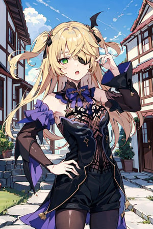 best quality, masterpiece, highres, 1girl, solo, fischl (genshin impact), solo, eyepatch, two side up, blonde hair, green eyes, long hair, purple eyes, looking at viewer, hand on hip, open mouth, standing in a campaign, old house  