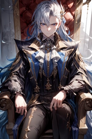 (close view, masterpiece, best quality, highres), 1boy, neuvillette, upper body, looking at viewer, serious expression, (detailled background, sitting on a throne),1 girl