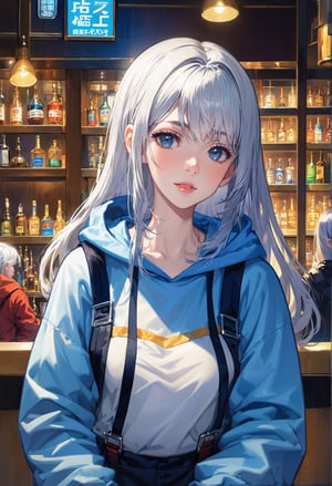1girl, close-up view, face portrait, silver hair, very long hair, center parted bangs bangs, hooded sweatshirt blue dungarees garter straps loafers, sci-fi in bar midnight,