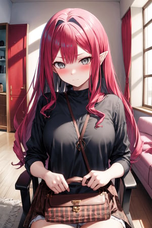 masterpiece, best quality, highres, 1girl, upper body, pov, PINK HAIR, GREY EYES, LONG HAIR, black shirt, brown skirt, holding a bag, sitting on a chair, living room, bedroom, shy face, shy expression, blush, 