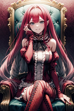 masterpiece, best quality, highres, 1girl, upper body, pov, PINK HAIR, GREY EYES, LONG HAIR, DIAMOND CHOKER, BLACK ASCOT, DETACHED COLLAR, CENTER FRILLS, RED DRESS, RED DETACHED SLEEVES, RED BELT, WHITE SKIRT, RED THIGH BOOTS, RED THIGH STRAPS, sitting on a throne, crossed legs, luxurious room, arrogant expression, confident, smile, :)