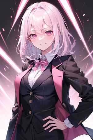 masterpiece, best quality, highres, black background, pink color lightning, gradient background, 1girl, white hair, medium hair, pink eyes, confident, hand on hip, smile, collared shirt, dark red blazer, open blazer, strong woman