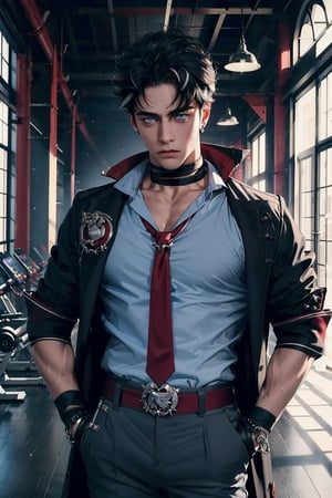 masterpiece, best quality, highres, detailled background, in a gym, indoors, 1boy, upper body, wriothesley (black hair, multicolored hair, short hair, blue eyes, collared shirt, red necktie, jewelry, black gloves, choker, black belt, black coat, boots, grey pants, sleeves rolled up, jacket), looking at viewer, serious expression, hand on hip, sweaty,1guy