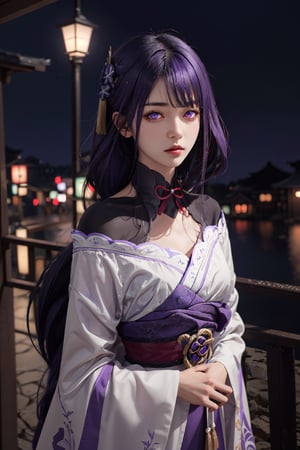 masterpiece, best quality, highres, photorealistic, raw photo, detailled background, 1girl, Raiden Shogun, purple hair, light purple eyes ,upper body, slight head tilted, standing, in a old japaness city, at night, storm, looking at viewer
