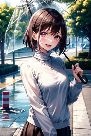 masterpiece, best quality, highres, 1girl, upper body, pov, black hair, medium hair, bangs, pink eyes, black turtleneck sweat, long sleeve, black skirt, standing, in a park, holding a umbrella, rain, water, looking at viewer, smile, open mouth, canines 