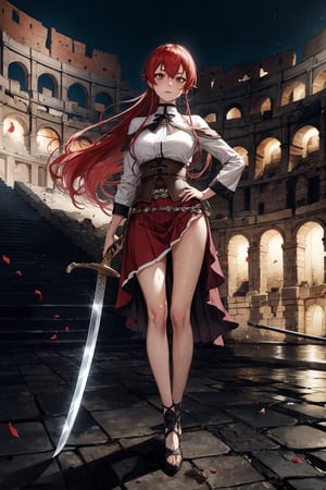 masterpiece, best quality, highres, 1girl, Eris Boreas Greyrat, full body, shirt, skirt, sword, holding a sword, hand on hip, tired expression, sweat, panting, in a arena, colosseum, looking at viewer 