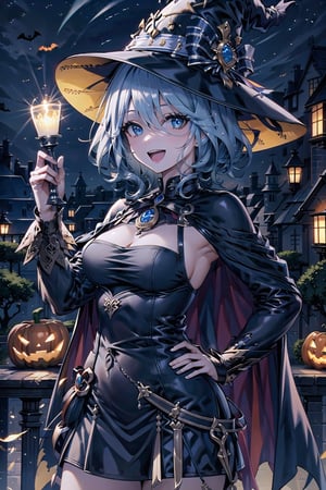 better witch, 1girl, upper body, furina, solo, hair over eyes, medium breast, witch outfit, black dress, blue cape, witch hat, open mouth, smile, detailled background, night, at night, halloween, jack-o'-lantern, fence, dark fantasy castle in background, standing, hand on hip, other hand on hat, holding her hat, looking at viewer