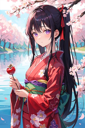 masterpiece, best quality, highres, 1girl, upper body, very long hair, black hair, purple patterns, purple eyes, hair ribbon, looking at viewer, shy expression, wearing a red kimono, cherry blossoms in full bloom, a lake and a few fir trees
