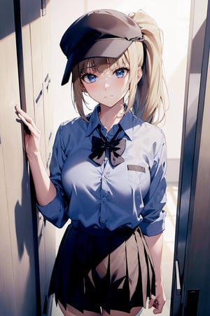 masterpiece, best quality, highres, absurdres, upper body, face portrait, close-up view, 1girl, solo, kei karuizawa, ponytail, collared shirt, blach short pant, blue tie, black cap, standing in corridor, school, lockers, hand on locker, perfect hands, perfect proportion