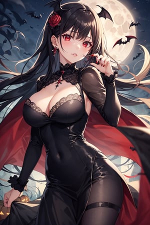 1girl, solo, close-up view, red eyes, long black hair, bangs, two sides up, hair ornaments, rubban, black vampire, outfit, hand on her lips, close mouth, dynamic pose, at night, moon, halloween