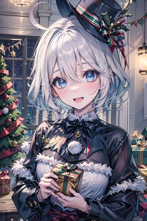 Masterpiece, best quality, (detailled background, christmas tree, indoor), 1girl, upper body, furina, blue eyes, white hair, ahoge, small breast, hat, looking at viewer, surprised, open eyes, happy, holding a gift, christmas hat, christmas outfit