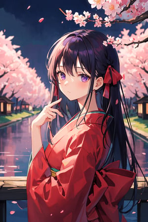 masterpiece, best quality, highres, close-up view, 1girl, upper body, long hair, black hair, purple patterns, purple eyes, hair ribbon, looking at viewer, shy expression, wearing a red kimono, cherry blossoms in full bloom, a lake and a few trees, on a wood bridge, at night, in the dark, low key