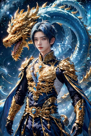 1boy,Emperor, short blue hair, blue armor, luminous magic, luminous golden dragon, starry sky, meteor, ,realistic
