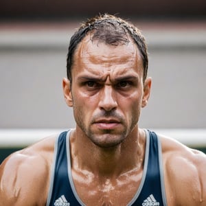 Closeup of a focused athlete, sweat-drenched face, determined brown eyes, clenched jaw.
