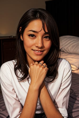 A tantalizing manga scene unfolds: In a cozy, dimly lit bedroom, a stunning sole female with long hair and a bright smile mischievously gazes directly at the viewer. She wears a crisp high school uniform, adorned with a beautiful ring on her finger. Her natural face flushes with a hint of blushing as she tilts her head, inviting the audience to share in her secret.