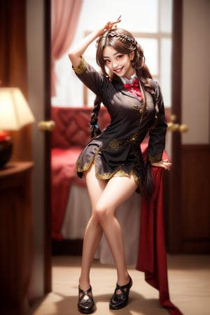 Braided_hair, 1girl, asian, long_hair, brown-hair, Indonesian_High_school_uniform, beauty, smile face, teeth, make-up, slim, tall, semi-muscular body, red_eye, sexy, medium busts, proportional thighs, 4K, intricate detail, highly-qualified pixels, smooth.