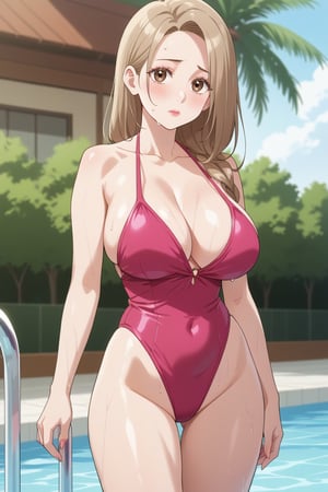 (masterpiece), best quality, high resolution, highly detailed, 1girl, beautiful face, (large breasts:1.3),  narrow waist, wide hip, legs,  anime_screencap,source_anime, score_9_up, score_8_up, (eyelashes), milf, poolside. standing, pose, (joy ride style:0.3), (oval_head:1.1), ((swimsuit)),,long hair, light brown hair,brown eyes, wet skins, shy,Eun Hye,